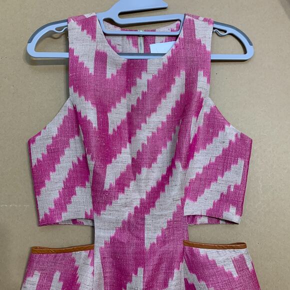 MORGAN CARPER Nomad Pink/Cream Raw Silk Cut Out Dress Lamb Leather Trim - Picture 3 of 16